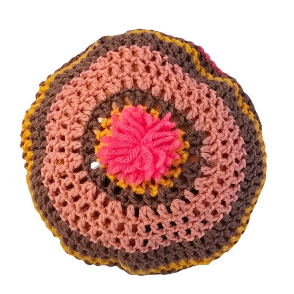 Vtg Crochet Beret Hat Women's OS Pink Brown Yellow Handmade Pom Hand Knit NEW‎
